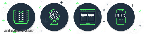 Set line Earth globe, Online translator, Open book and Foreign language online study icon. Vector