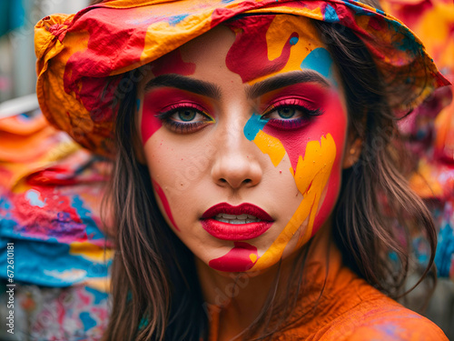 Graffitti surreal beautiful woman face covered in colorful paint