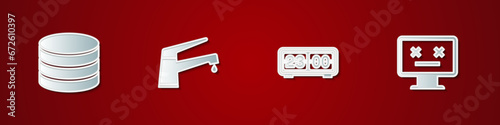Set Database, Water tap, Retro flip clock and Dead monitor icon. Vector