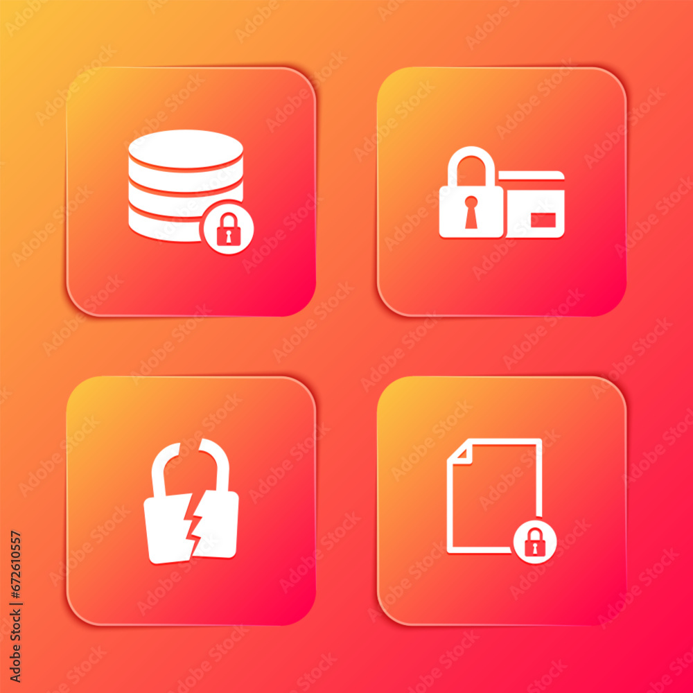 Set Server security with lock, Credit card, Broken or cracked and Document and icon. Vector Set Server security with lock, Credit card, Broken or cracked and Document and icon. Vector
