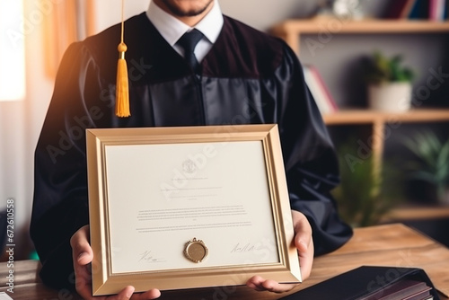 close up on master degree certificate with student man studying from webinar lesson class in home for online platform graduation and lifestyle concept, aesthetic look photo