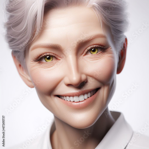 Portrait of a beautiful woman with blond hair and green eyes.