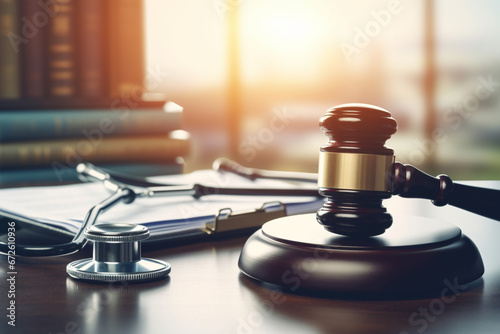 Closeup of judge gavel of stethoscope doctor in background writing notes, aesthetic look photo