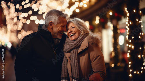 couple in love walks the city at night on the eve of Christmas.