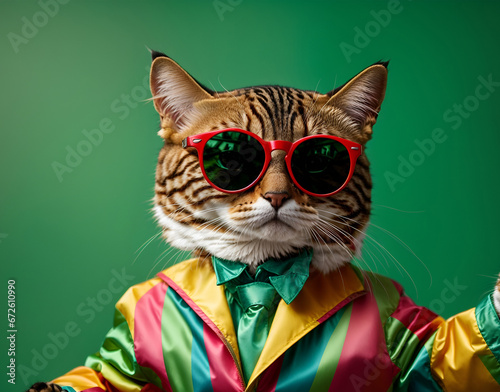 Cat wearing colorful clothes and sunglasses photo