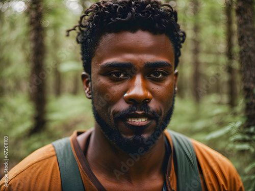 handsome black guy looking at camera and having fun in forest