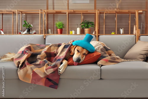 chien malade qui dort sur la banquette sous une couverture la tête reposant sur un coussin avec la langue pendante à cause de la fièvre avec une poche de glace sur la tête photo
