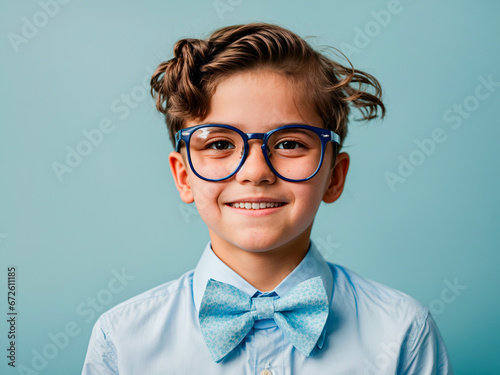 Portrait of cheerful kid wearing big stylish glasses and bow tie isolated on bright blue color background