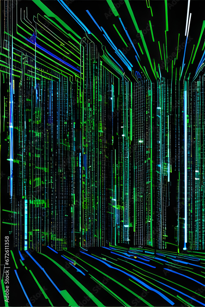 Obraz premium Abstract green and blue network data streams in the virtual electronic data stream futuristic cyberspace realm background