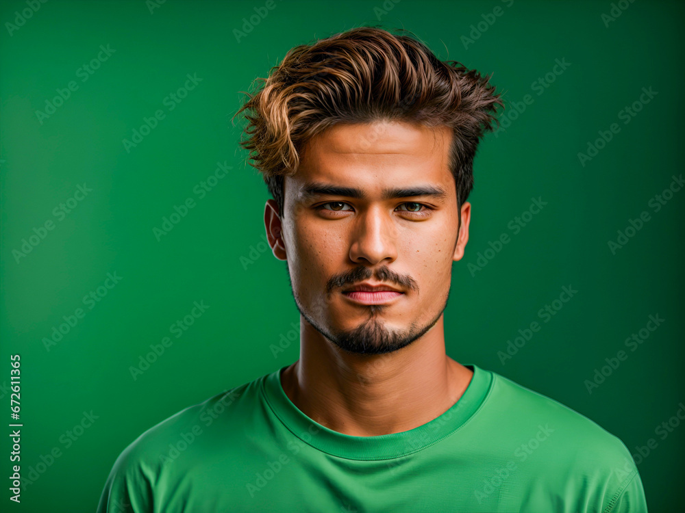handsome brutal confident man isolated on green color background handsome brutal confident man isolated on green color background