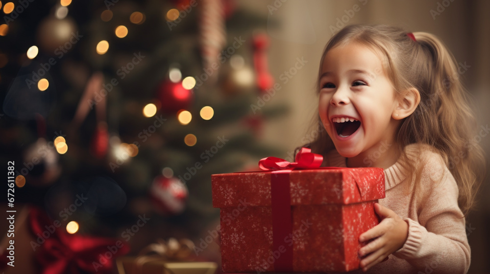 A girl is pleased to open a Christmas present.Happy little girl with gift box A girl is pleased to open a Christmas present.Happy little girl with gift box
