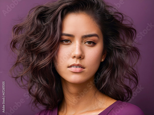 handsome student woman isolated on hard purple color background, face clouse-up