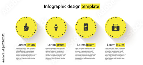 Set Canteen water bottle, Kayak or canoe, City map navigation and First aid kit. Business infographic template. Vector
