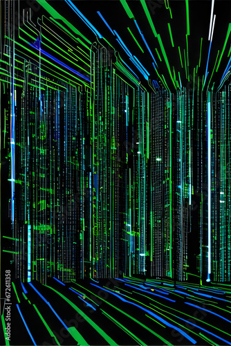 Abstract green and blue network data streams in the virtual electronic data stream futuristic cyberspace realm background