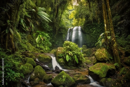 Waterfall flowing through lush rainforest mountains. Generative AI