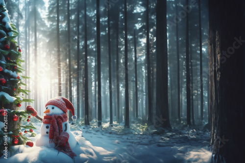 Bonhomme de neige habillé pour ne pas avoir froid, d'un bonnet, d'une écharpe et de moufles qui prépare et décore un sapin de noël au fond d'une forêt très épaisse. Le bonhomme de neige semble vivant 