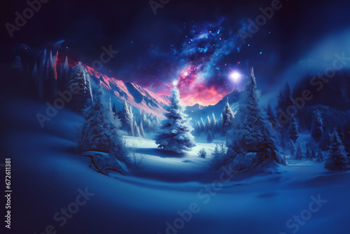 Forêt sous la neige dans les montagnes la nuit avec une étoile très brillante qui éclaire un sapin de noël parmi tous les arbres, avec des couleurs rose sur les montagnes