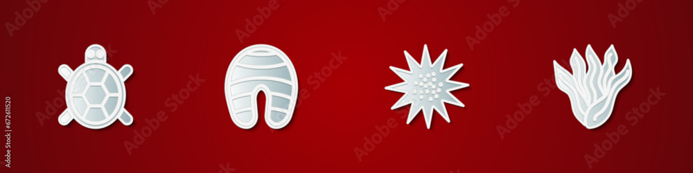 Fototapeta premium Set Turtle, Fish steak, Sea urchin and Seaweed icon. Vector