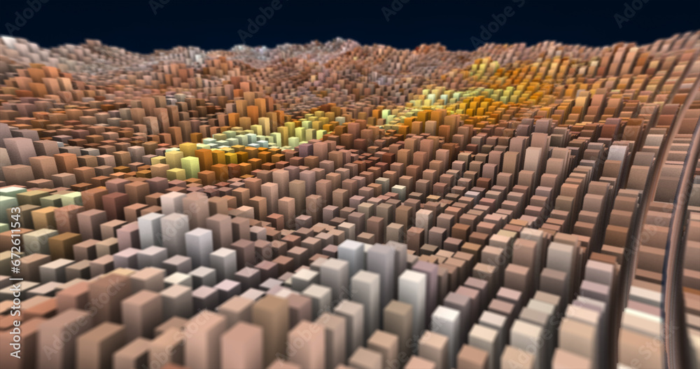 Fototapeta premium Abstract brown landscape of futuristic rectangles moving waves background