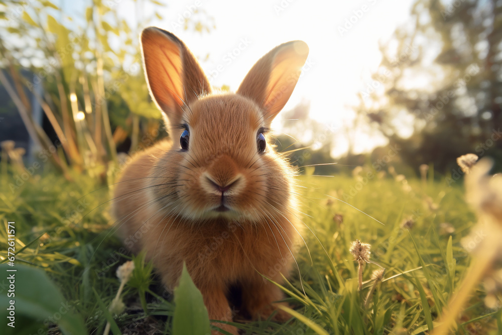 Closeup shot of bunny rabbit with brown fur laying in the grass, aesthetic look