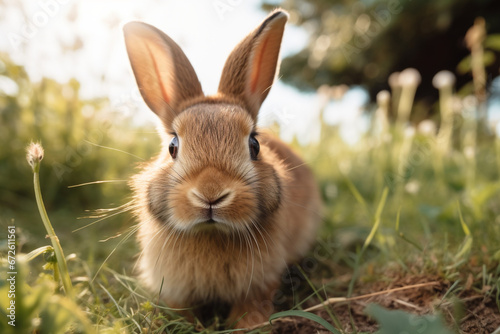 Closeup shot of bunny rabbit with brown fur laying in the grass, aesthetic look © alisaaa