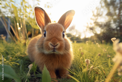 Closeup shot of bunny rabbit with brown fur laying in the grass, aesthetic look © alisaaa