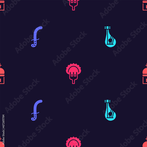 Set Bandura, Medieval sword, Dumplings on fork and Church tower on seamless pattern. Vector