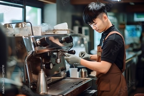 asian man cleaning espresso machine at cafe