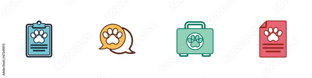 Set Clinical record pet, Paw print, Pet first aid kit and icon. Vector