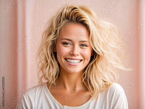 charming blonde woman smiling white teeth good mood isolated pastel color wall background