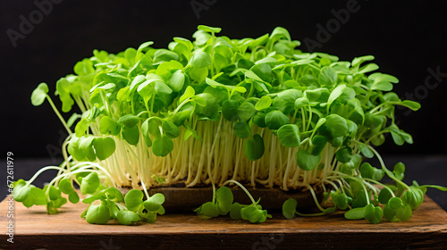 Fresh cress in a dish with scissors on a wooden plan