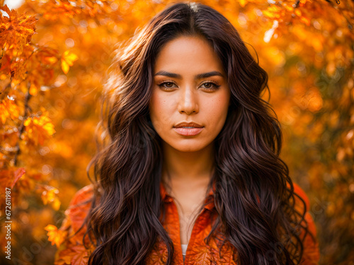 Beautiful young hispanic woman with autumn leaves