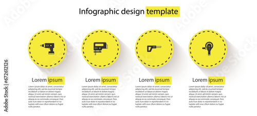Set Electric cordless screwdriver, jigsaw, Reciprocating and Angle grinder. Business infographic template. Vector