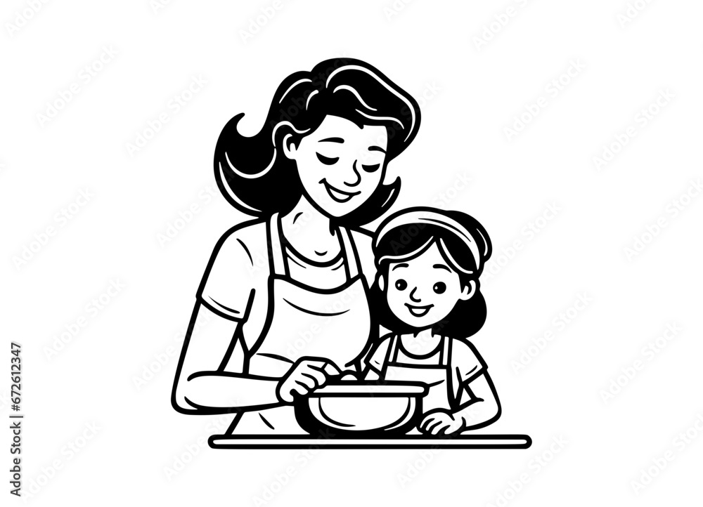 Happy mom cooks with her baby, vector illustration. roll out the dough, make cookies. doodle hand drawing, sketch. on an isolated white background
Happy mom cooks with her baby, vector illustration. roll out the dough, make cookies. doodle hand drawing, sketch. on an isolated white background