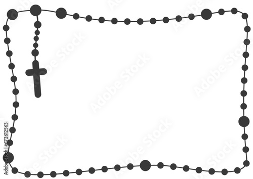 Rosary beads frame with copy space for text. Chain and cross. Religion Christian catholic symbol. Vector silhouette border.