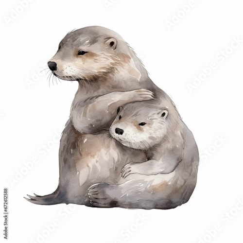 AI generated illustration of an adorable otters snuggling and cuddling together in an embrace