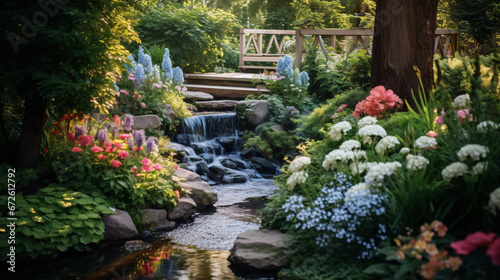 Waterfall and flowers decor in a cozy garden