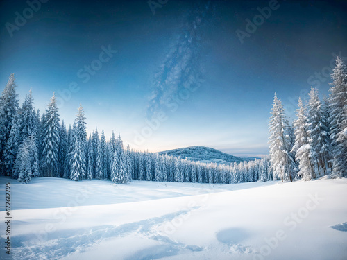 A serene winter landscape with snow-covered pine trees © Meeza