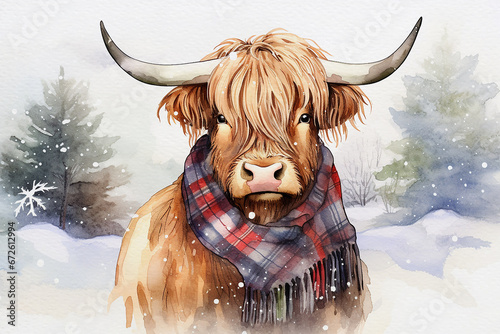 Winter Watercolour cute illustration of a highland cow standing in the snow, wearing a tartan scarf, with snow covered trees in the background, great for social media, greeting cards