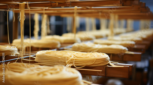 Fresh linguine in nests on drying racks