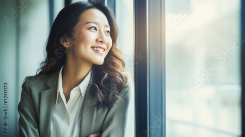Asian businesswoman at company window, exuding success and confidence.