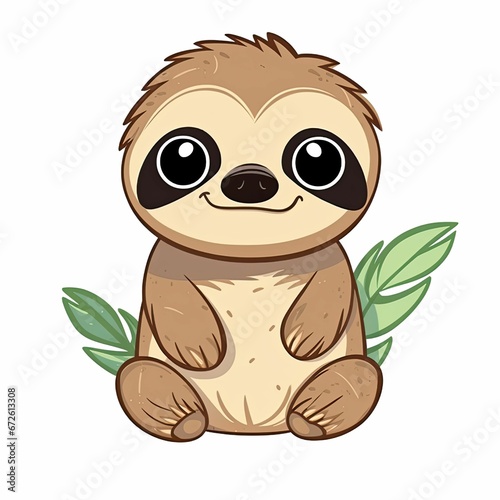 AI generated illustration of an adorable cartoon sloth on a white background