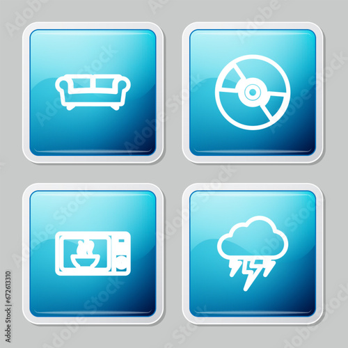 Set line Sofa, CD or DVD disk, Microwave oven and Storm icon. Vector