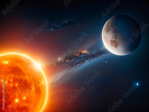 A fiery sun emits a radiant glow, juxtaposed against a serene Earth and moon in the vast expanse of the cosmos