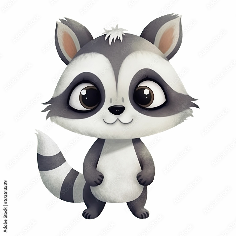 AI generated illustration of an adorable cartoon raccoon on a white background