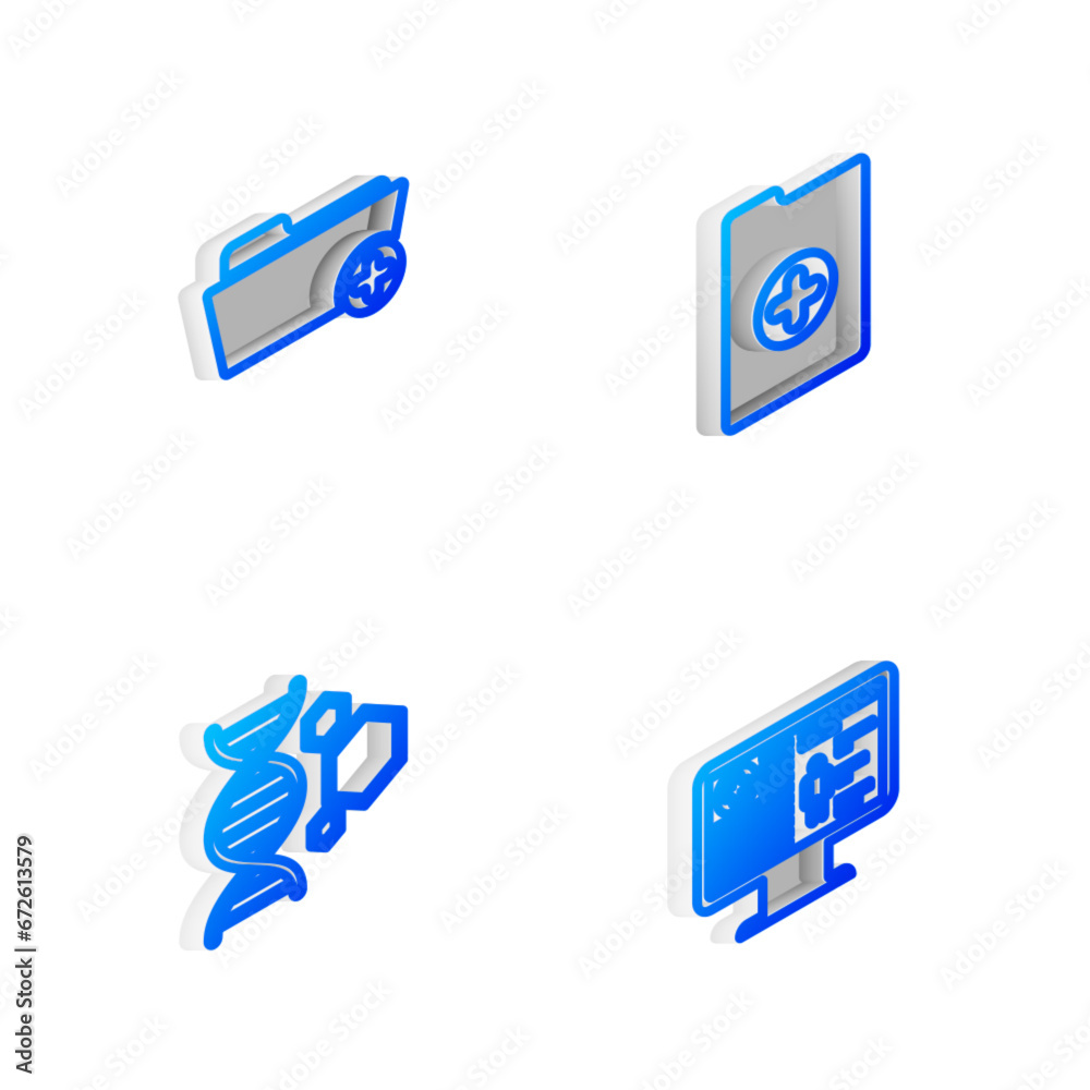 Fototapeta premium Set Isometric line Clinical record, Health folder, Genetic engineering and on monitor icon. Vector