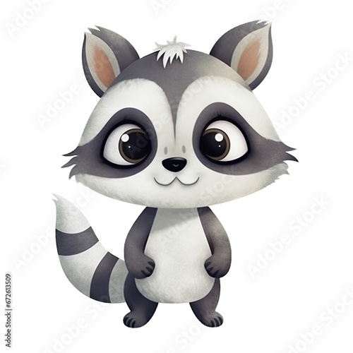 AI generated illustration of an adorable cartoon raccoon on a white background