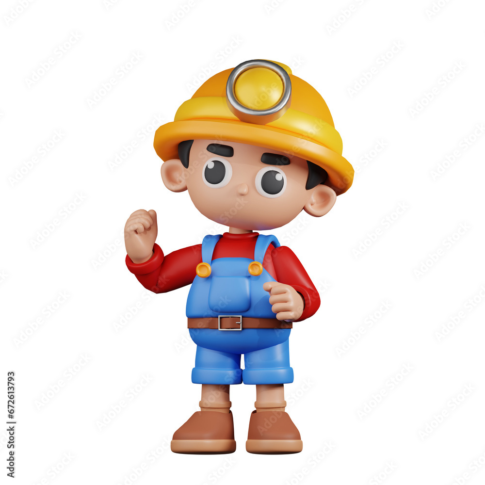 3d Character Miner Congratulation Pose. 3d render isolated on transparent backdrop.