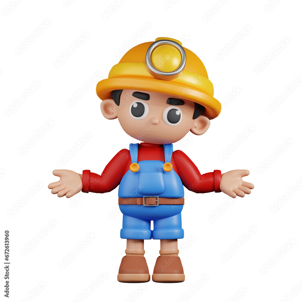 3d Character Miner Doing The No Idea Pose. 3d render isolated on transparent backdrop. 3d Character Miner Doing The No Idea Pose. 3d render isolated on transparent backdrop.