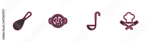 Set line Kitchen whisk, ladle, Cooking soup in pot and Chef hat and fork icon. Vector